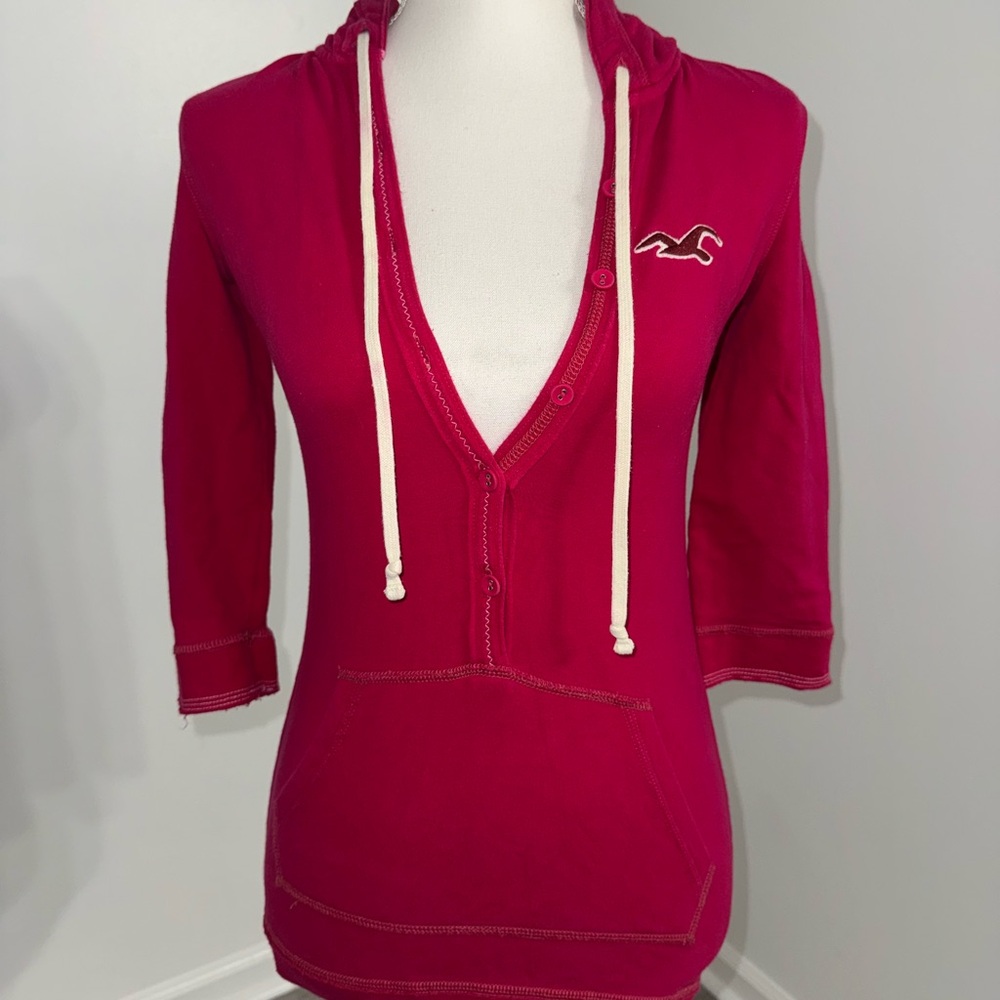 Vintage Hollister Henley Hoodie Pink Small Y2K Button Front Kangaroo Pocket